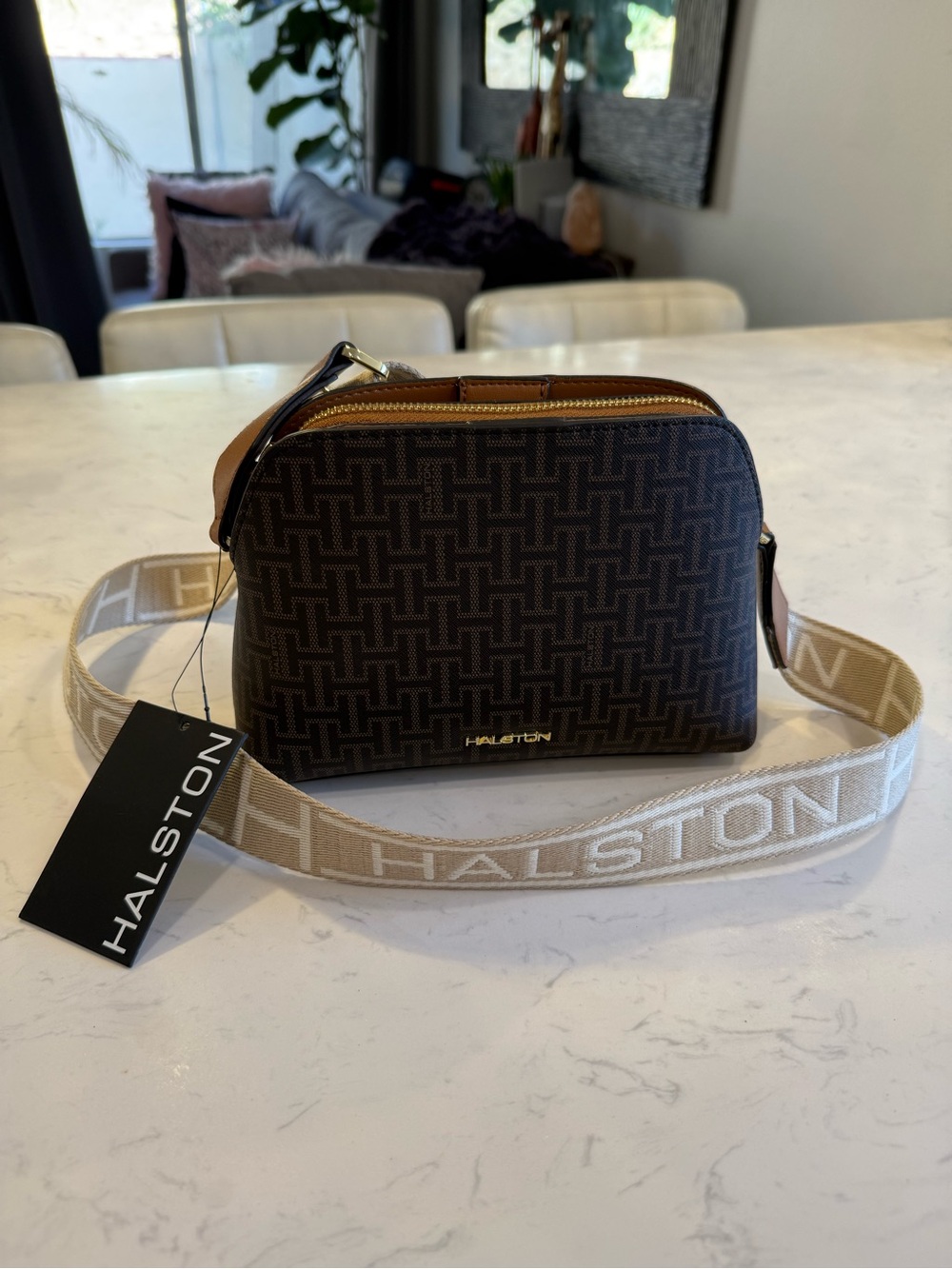 Halston Heritage Brown Monogram Belt Bag with Beige Branded Strap